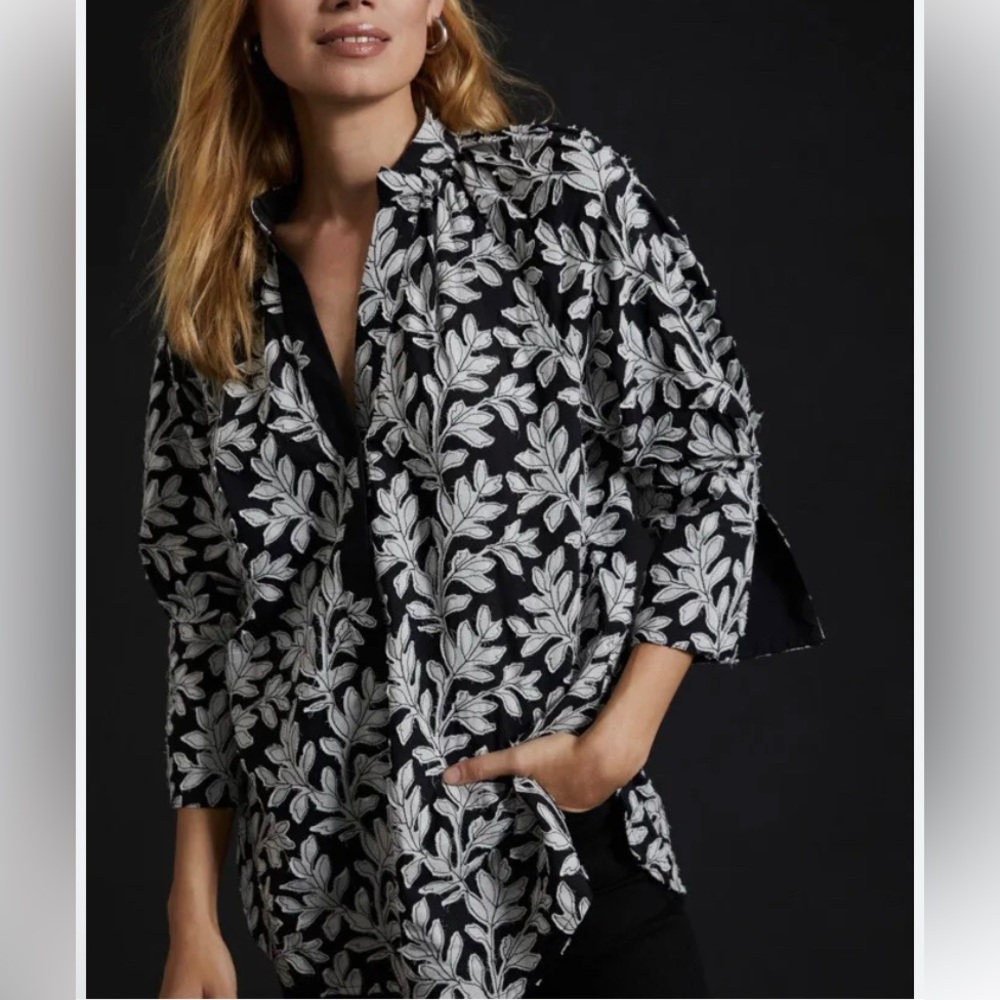 By Anthropologie floral appliqué blouse black and white